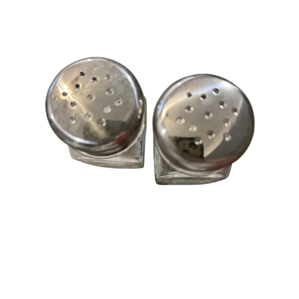 set of Bistro Italian Chef Salt & Pepper Shakers Glass & Metal Top